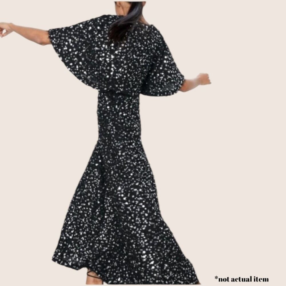 🖤 ZARA SEQUIN PEARL LIMITED COLLECTION A LINE MIDI DRESS FLUTTER SLEEVE SMALL